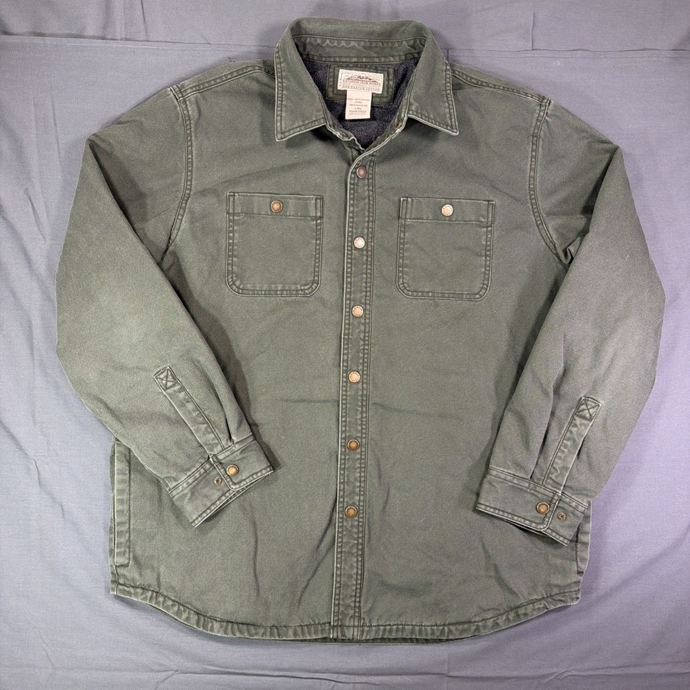 LL Bean Shirt Jacket Mens Large Katahdin Iron Works Fleece Lined Canvas Green